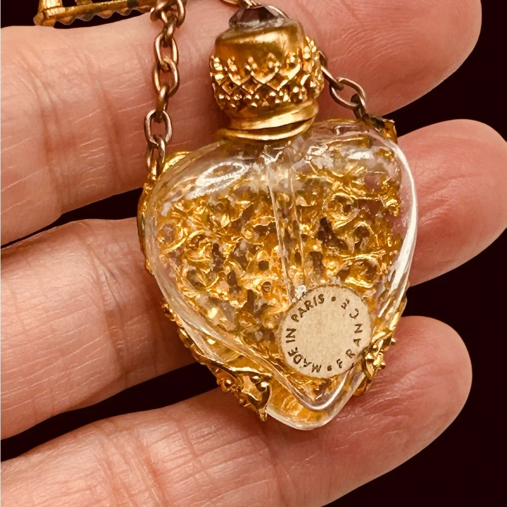 Vintage French Miniature Perfume Bottle Brooch Gold Gilt Ormolu